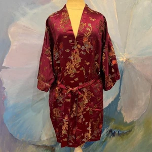 Vtg Fang You Maroon Satin Gold Dragon Phoenix Brocade Kimono Robe Size L - Picture 1 of 8
