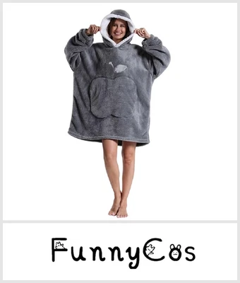 FUNNYCOS Wearable Blanket One-Piece One Size Long Loungewear Pyjamas Hoodie Warm Pockets