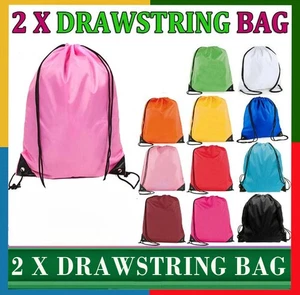 2pcs Kids Plain Nylon Drawstring Rucksack Premium Gymsac Gym Bag Water Resistant - Picture 1 of 22