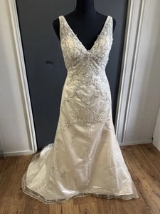 Alfred Angelo Size 6 Champagne Sheath Beaded Illusion Bodice Satin Wedding Dress - Picture 1 of 22
