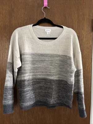 Club Monaco Mujer Italiano Cachemira Suéter Talla Pequeña Blanco Gris Rayas Cuadrado Foto 1 de 4