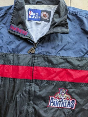Florida Panthers 90s PRO Player windbreaker Zip jacket XL blk red NHL hockey vtg - Image 1 of 4