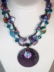 CYNTHIA LYNN "EUPHORIC" PURPLE PINK & GREEN SHELL & GLASS BEADED SILVER NECKLACE - Picture 1 of 1