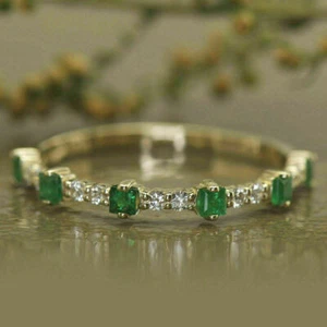 1.50Ct Princess Cut Simulated Emerald & Diamond Band Ring 14K Yellow Gold Plated - Picture 1 of 4