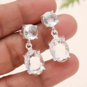 White Topaz Gemstone 925 Sterling Silver Jewelry Dangle Girls Earring For Love - Picture 1 of 4