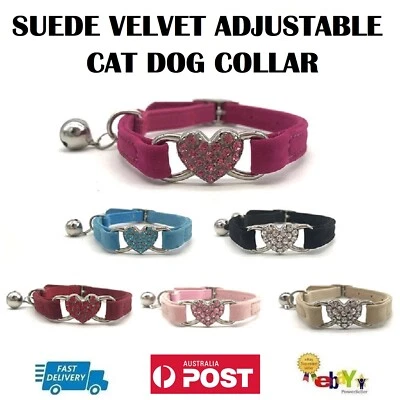Suede Collar Cat Kitten Dog Puppy Pet Safety Release Adjustable Heart Bling AUS - image 1 of 4