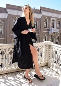 Indian Handmade Black Plain Cotton Kimono Robe Women Dressing Kimono Robe US - Picture 1 of 4