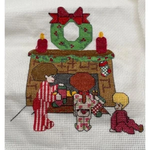 Vintage Christmas Cross Stitch Hanging the Stockings Wreath Fireplace Complete - Picture 1 of 8