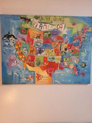 Mapa de Estados Unidos sobre lienzo hermosos colores vibrantes con dibujos Foto 1 de 3