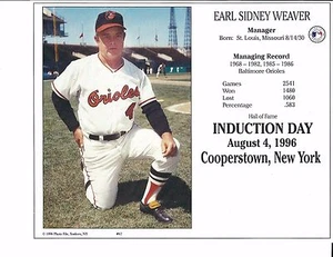 Earl Weaver - Manager Baltimore Orioles - Hall of Fame Supercard 8" x 10" - Picture 1 of 3