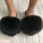 Black-Max Large XXL Real Fox Fur Slides Womens Slippers Sandals Furry Shoes 