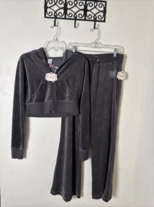 Y2K Grey Velour Cropped Jacket & Wide Leg Pants Set XL Junior Apollo Activewear - Picture 1 of 15