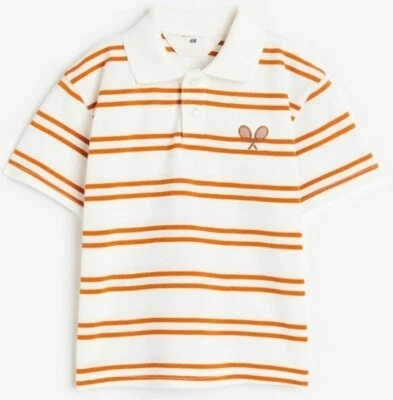 H&M Cotton Piqué Polo Shirt Youth 8 10 Natural White Stripe Tennis Racket NEW - Image 1 of 4