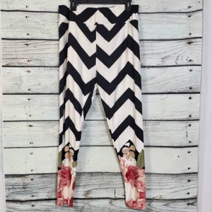 LuLaRoe TC2 Chevron Floral Leggings Black White Pink Simply Comfortable Stretch - Picture 1 of 7