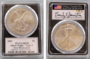 Silver Eagle 2021 tipo 2 PCGS MS70 tipo 2 primera producción Emily Damstra - Imagen 1 de 1