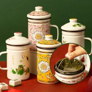 650ml Ethnic Enamel Cup with Lid&Tea Strainer Floral Coffee Mug Retro Gift Decor - Picture 1 of 17