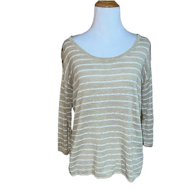 Suéter J JILL Mezcla de Lino Rayas Talla XS Tostado Rayas Botón Acento Ligero Foto 1 de 4