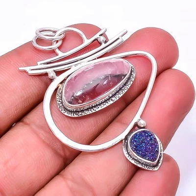 Pingente de prata esterlina 925 ágata titânio azul rodocrosita 2,15" P36 - Imagem 1 de 4