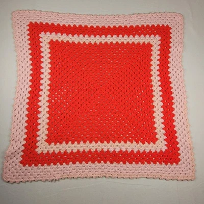 Vintage Handmade Crochet Granny Square Baby Blanket Afghan Pink Red Lap Throw - Image 1 of 4