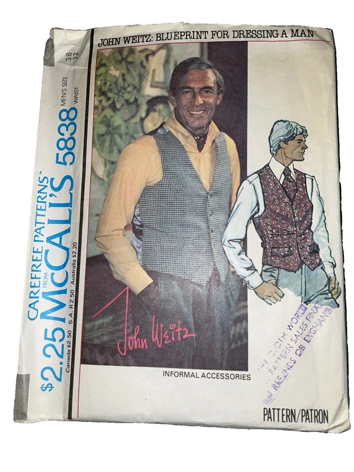 Винтажный McCalls шитье узор 5838-John Weitz мужской жилет галстук ремень необрезанный - Изображение 1 из 2