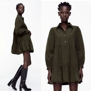 Zara Womens XS Olive Green Corduroy Tiered Babydoll Mini Dress Long Sleeve - Picture 1 of 8