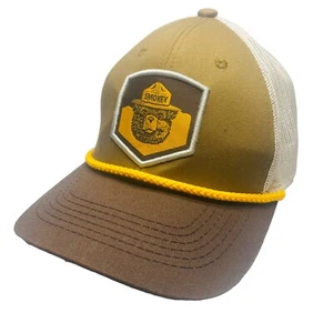 Smokey The Bear Snapback Hat Adjustable Trucker Mesh Brown Beige Gold Trim EUC - Picture 1 of 12