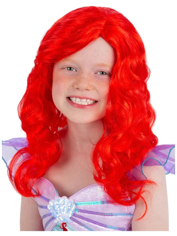 Peluca Sirena Niñas Rojo Rizado Ondulado Cuento Peluca Vestido Elegante Ariel Libro de Cuentos Foto 1 de 1