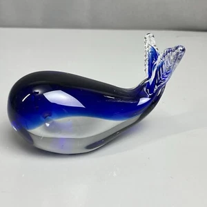 Cobalt Blue & Clear Art Glass Whale Paperweight Figurine 4.5" - Picture 1 of 13