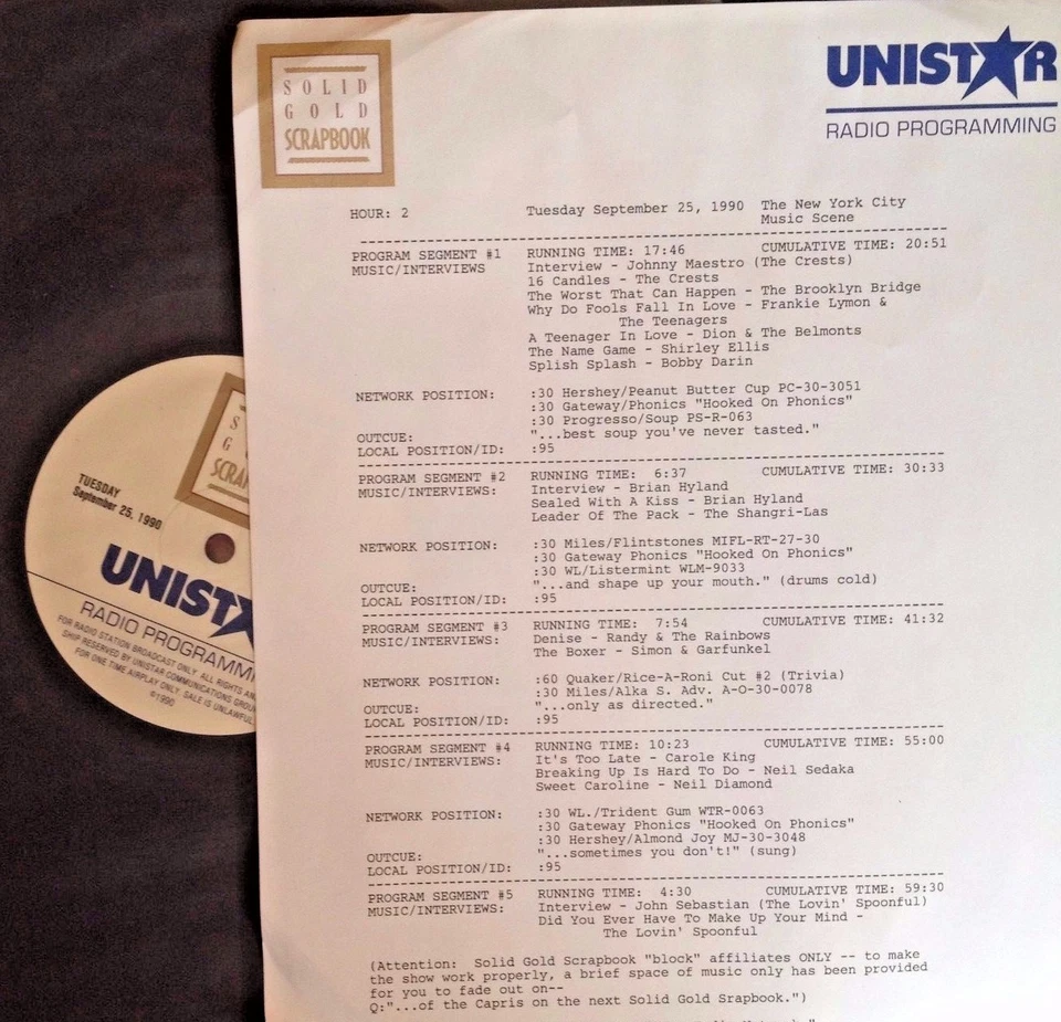 RADIO SHOW 9/25/90 NEW YORK CITY MUSIC SCENE: BOBBY DARIN, CAROLE KING, DION - Image 1 of 1