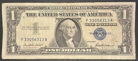 United States One Dollar 1957 Silver Certificate Circulated F33056313A Cover