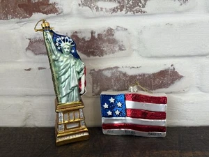 2 Patriotic USA Blown Glass XMAS Ornaments Lady Liberty Statue American Flag - Picture 1 of 15