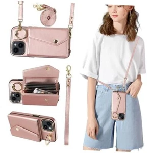 Crossbody Wallet Case for with Strap, 360° Rotating Ring iPhone 15 Rose Gold - Picture 1 of 8