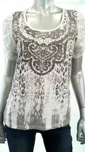 Style & Co Petite Women Embellished Cap Sleeve Blouse Top SZ PS Lace Brown Tan - Picture 1 of 3