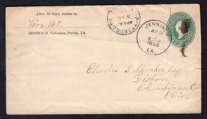 USA Jennings La 1898 Calcasieu Parish Cover to Lisbon Ohio. Stamped Envelope - Picture 1 of 2