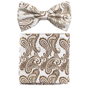  New formal Men's micro fiber Pre-tied Bow Tie & Hankie light brown paisley  - Picture 1 of 3