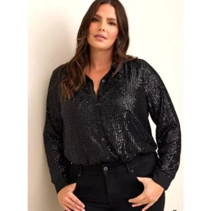 Torrid 6X 30W Madison Sequin Button Black Shirt Party Top Holiday Blouse NEW - Picture 1 of 14