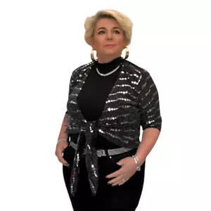WOMENS SHRUG LADIES 1/2 SLEEVESEQUIN BOLERO TIE FRONT CARDIGAN PLUS SIZE - Picture 1 of 22