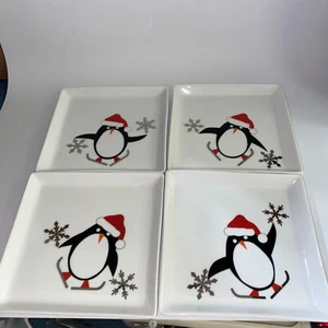 Crate & Barrel PENGUIN on Skates Snowflakes Square Appetizer Plates Set of 4 - Picture 1 of 5
