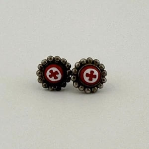 Orecchini Vintage Smalto Rosso Bianco Orecchini Croce Rossa Americana Argento Sterling 950 - Foto 1 di 10