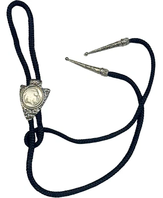 Silver Colored Arrowhead Bolo Tie - Indian Head Centerpiece - Black Nylon Cord   - Image 1 of 4