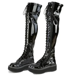Emily 375 Black Patent Lace Up 2" Platform Goth Punk OTK Thigh Boots DEMONIA - Picture 1 of 8