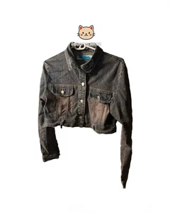 Vintage Rhinestone Motorcycle Cropped Denim Jacket | Y2K Rockstar Grunge - Picture 1 of 9
