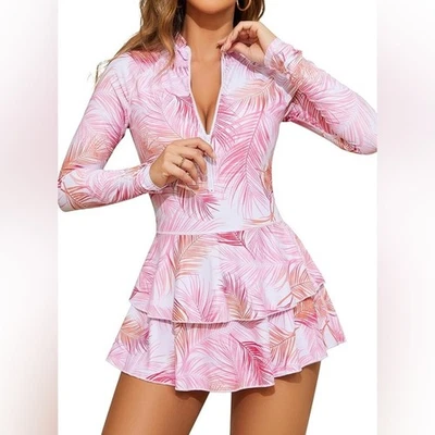 Shekini NWT Women's Long Sleeve Rash Guard Swimdress Pink Leaves Size Small - Image 1 of 4