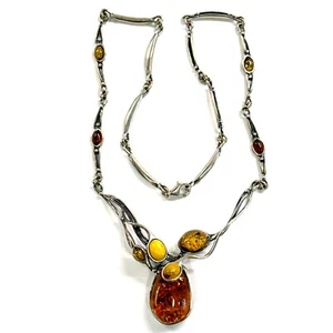 925 Solid Sterling Silver Multicolor Baltic Amber Designer Large Necklace 17 in - Picture 1 of 4