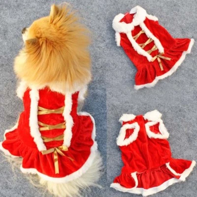 Pet Cat Dog Dress Christmas Warm Skirt Red Costume Clothes Puppy Winter Festival - Image 1 of 4