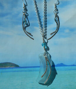 Light Blue Seaglass Necklace w/Blue Apatite and a Turquoise Crystal. Handmade.
