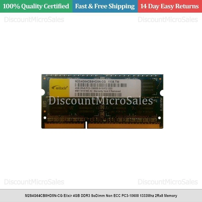 M2S4G64CB8HD5N-CG Elixir 4GB DDR3 SoDimm Non ECC PC3-10600 1333Mhz 2Rx8 Memory - Image 1 of 1