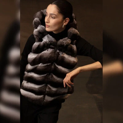 Womens Luxury Real Rex Rabbit Fur Vest Winter Hooded Gilet Waistcoat Chinchilla - Image 1 of 4