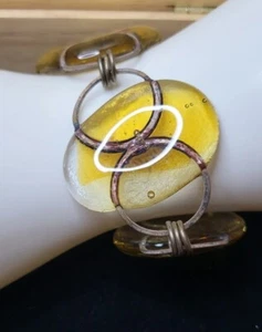 Vtg Oval Glass & Metal Bracelet Circle Link Clear Yellow & Rusty Style Unique 8" - Picture 1 of 10