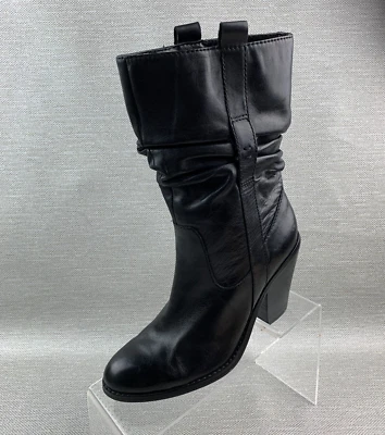 Coldwater Creek Boots Black Leather Slouch Mid Calf Pull On Block Heel Size 6.5B - Image 1 of 4